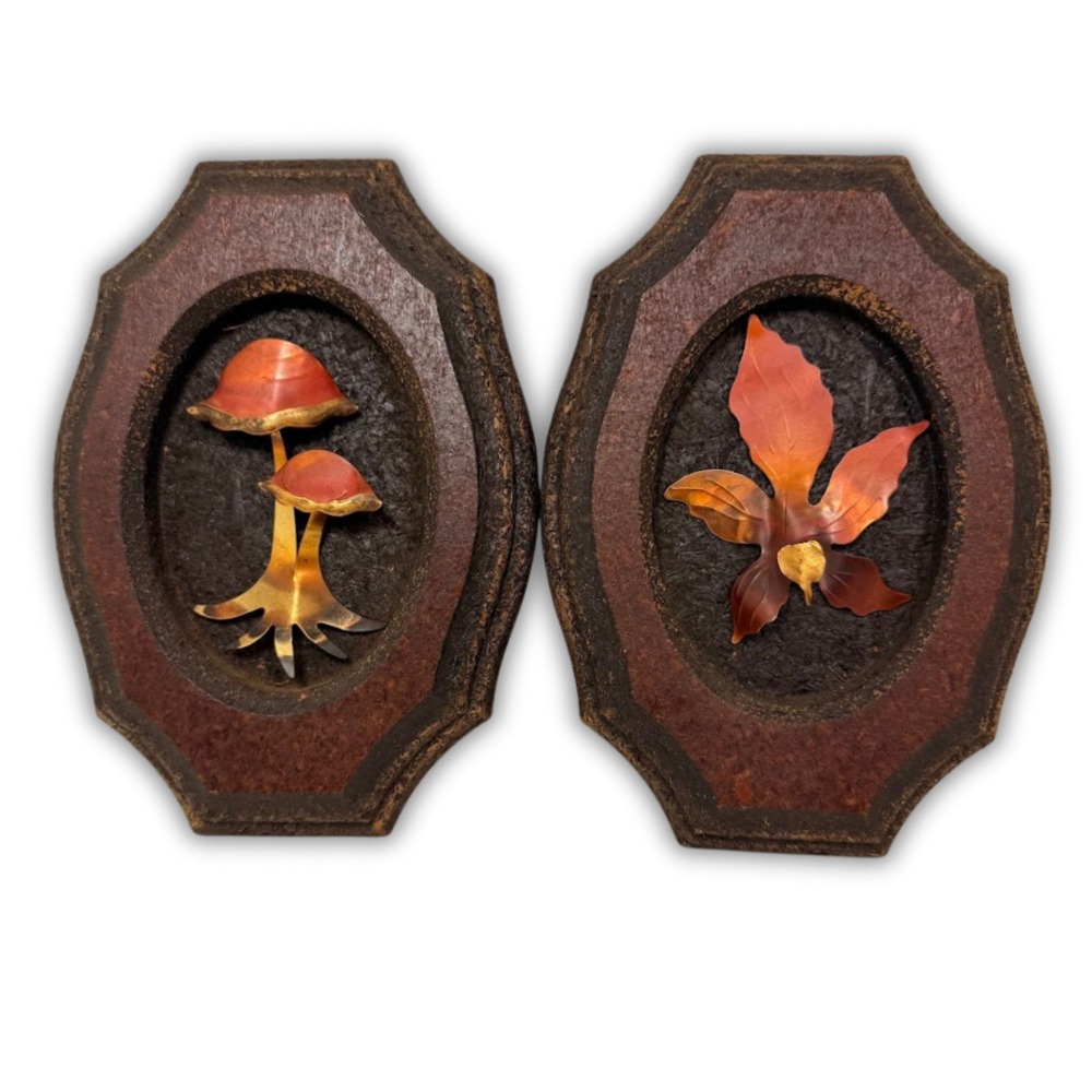 Vintage 3D Mushroom and Leaf Wood Wall Art Plaques Set 2 MCM Nature Metal Decor